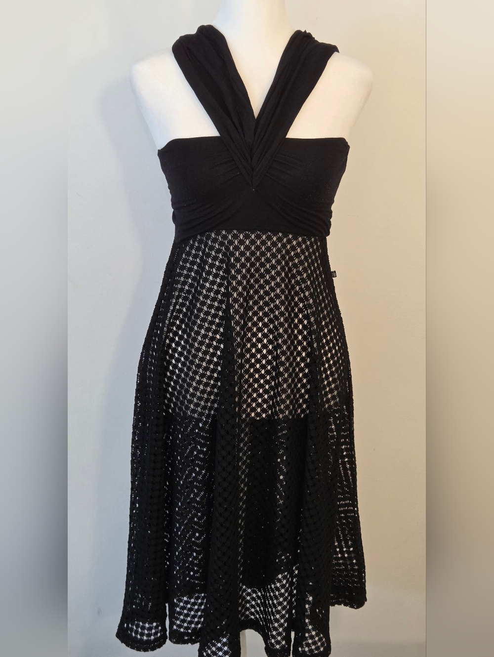 La Vie En Rose Black Strapless Crochet A-Line Dress